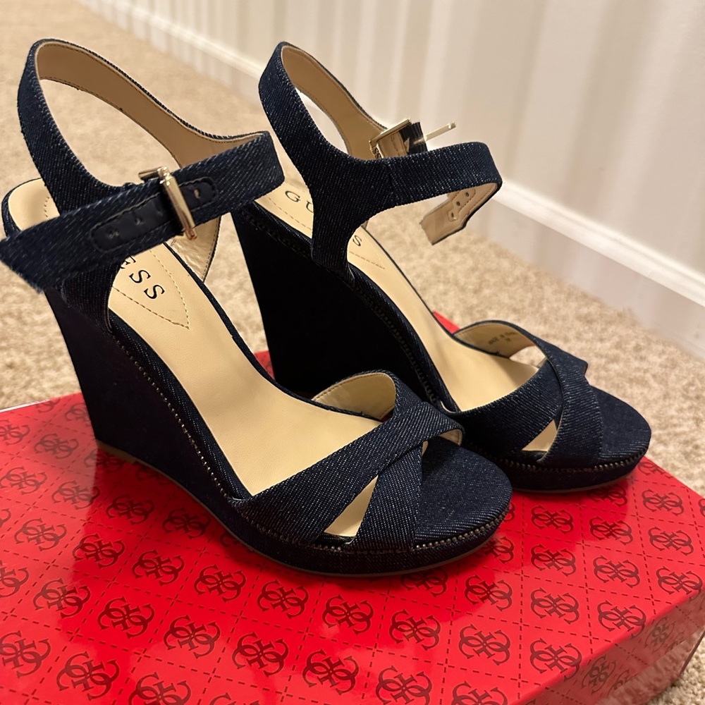 NIB Guess Blue Jean Ankle strap Wedge Heels